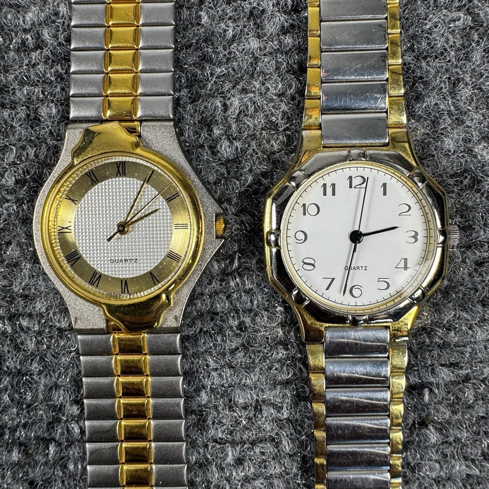 Lot of 2 Vintage Quartz Watches Silver Gold Tone Roman Numeral Expansion